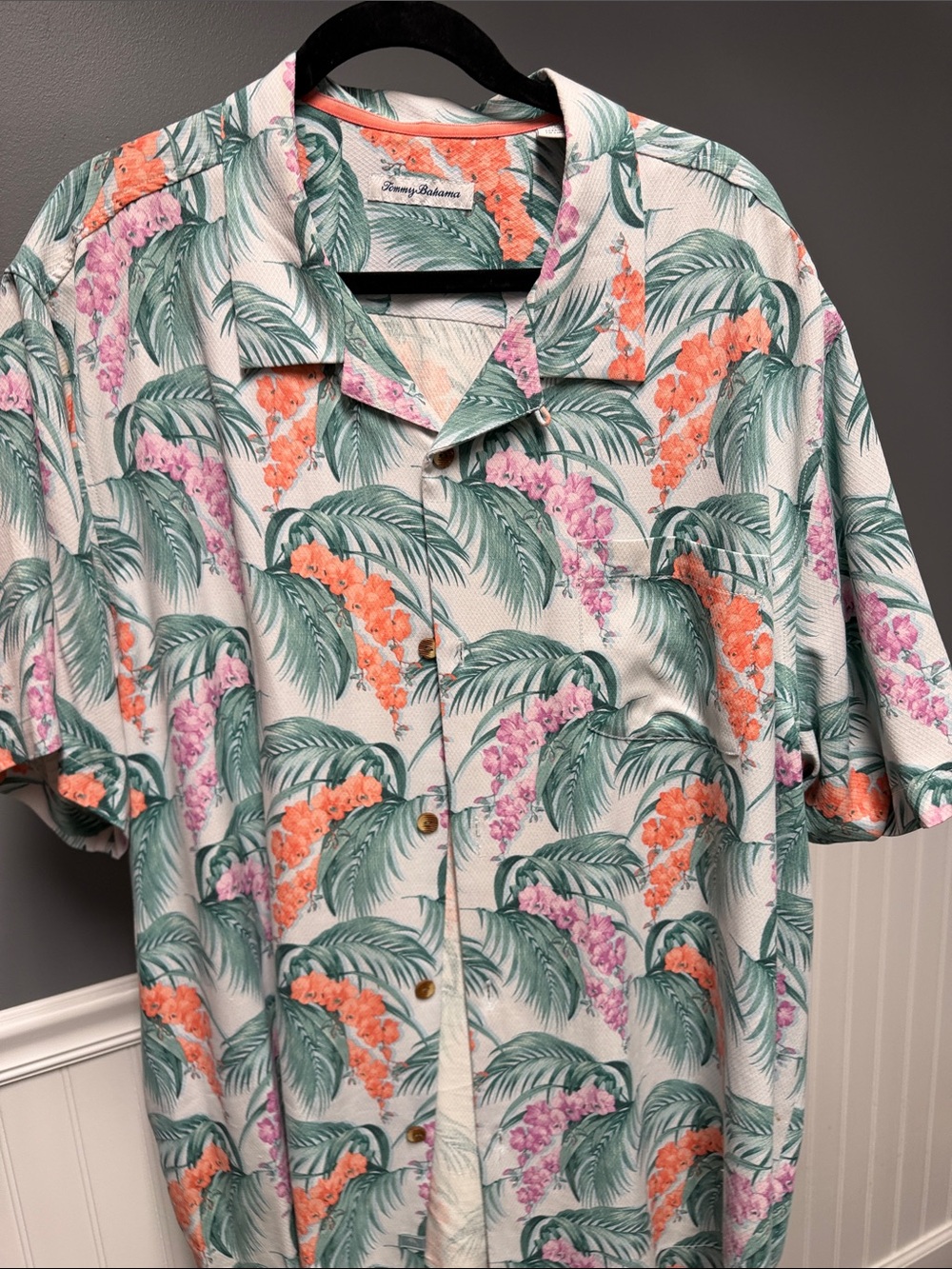 Tommy Bahama Tropical Floral Camp Shirt in Cream with Green and Coral